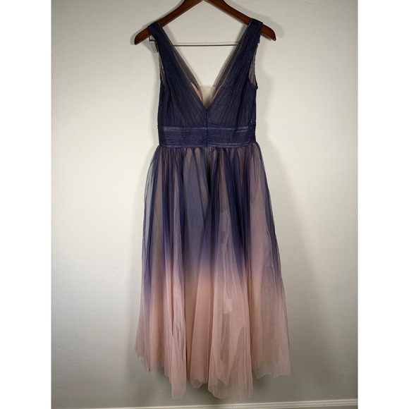 Mac Duggal Ombre Tulle V Neck Gown Navy Pink Formal Dress - Picture 3 of 9